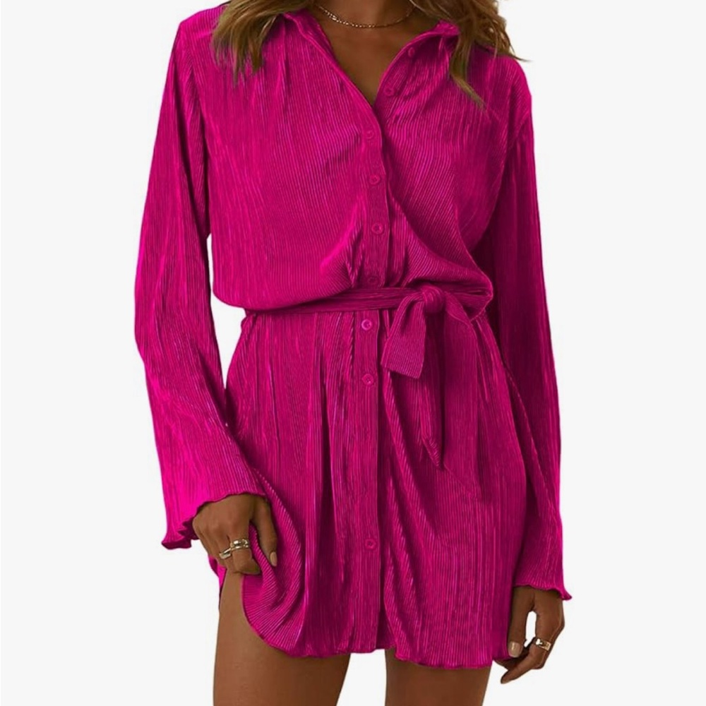 Vibrant Pink V Collar Button-Up Long Sleeve Dress